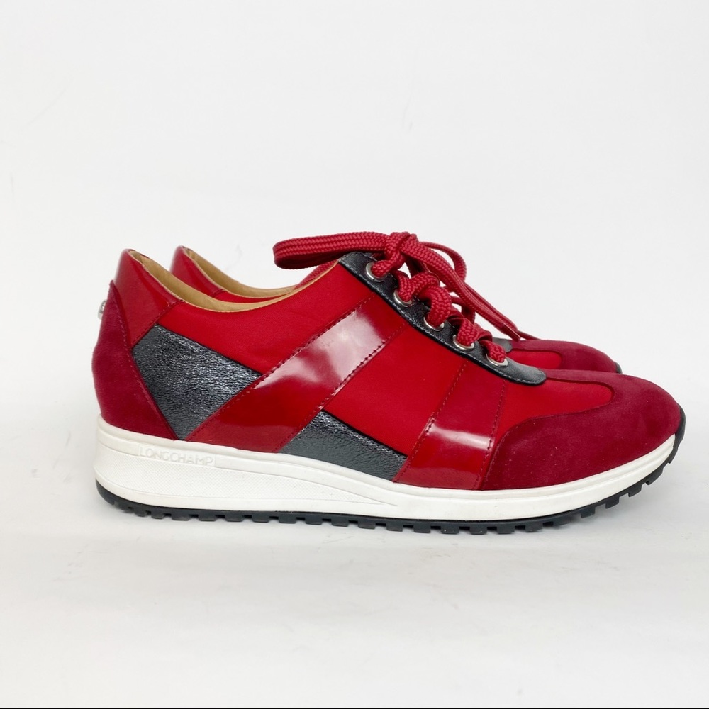 Longchamp Suede red Metallic Sneakers EUC